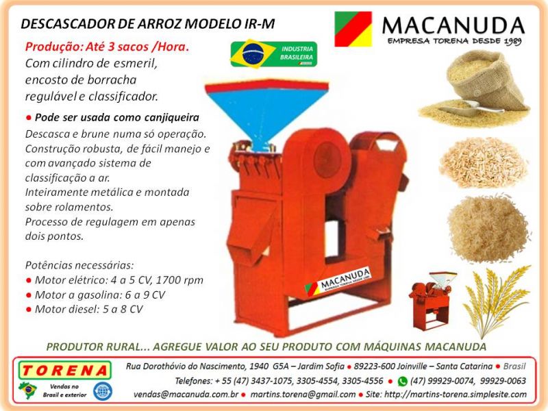 Maquinário profissional para descascar arroz marca Macanuda