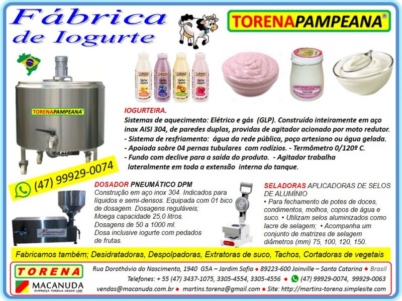 Máquina de fabricar iogurte capacidade 100 litros, marca Torena