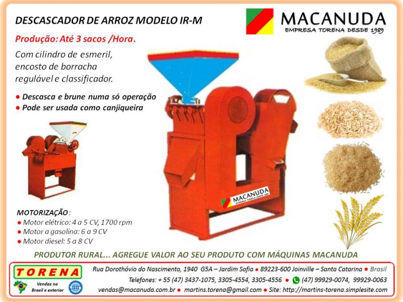 Máquina para descascar arroz com motor a combustão, marca Macanuda