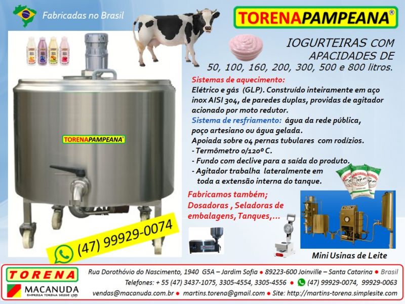 Equipamento para fabricar iogurte diversas capacidades marca Torena