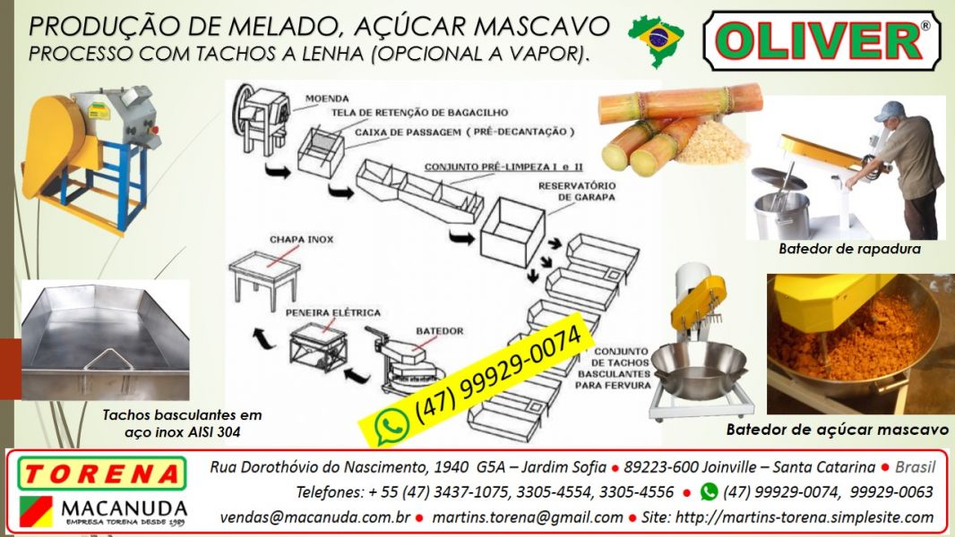 Linha de Fabricação de Açúcar Mascavo, Máquinas Oliver uma marca Torena